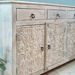 Handmade Carved Indian Mango Wood 4 Drawers 4 Doors Sideboard Whitewash