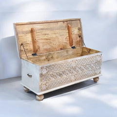 Handmade Indian Furniture Solid Hard Wood Carved Blanket Box Brown