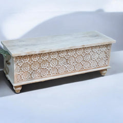 Handmade Indian Furniture Solid Hard Wood Carved Blanket Box 106x40x45cm Whitewash