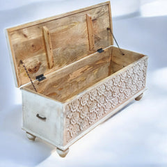 Handmade Indian Furniture Solid Hard Wood Carved Blanket Box 106x40x45cm Whitewash