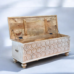 Handmade Indian Furniture Solid Hard Wood Carved Blanket Box 106x40x45cm Whitewash