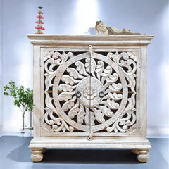 Indian Hand Carved Solid Wooden Cabinet 90x40x90cm  White