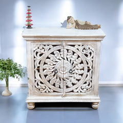 Indian Hand Carved Solid Wooden Cabinet 90x40x90cm  White