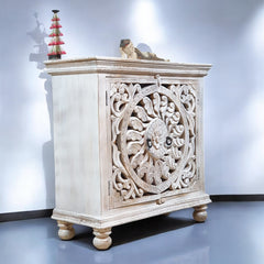 Indian Hand Carved Solid Wooden Cabinet 90x40x90cm  White