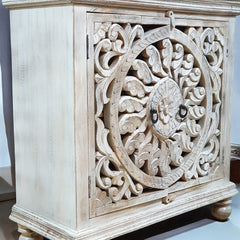 Indian Hand Carved Solid Wooden Cabinet 90x40x90cm  White