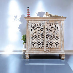 Indian Hand Carved Solid Wooden Cabinet 90x40x90cm  Whitewash