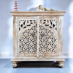 Indian Hand Carved Solid Wooden Cabinet 90x40x90cm  Whitewash