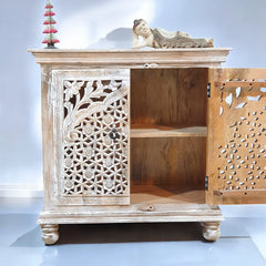 Indian Hand Carved Solid Wooden Cabinet 90x40x90cm  Whitewash