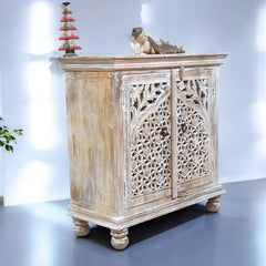 Indian Hand Carved Solid Wooden Cabinet 90x40x90cm  Whitewash 01