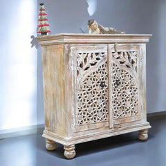 Indian Hand Carved Solid Wooden Cabinet 90x40x90cm  Whitewash 01