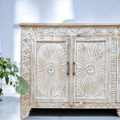 Handmade Carved Indian Mango Wood   4 Doors Sideboard 180x40x90cm Whitewash