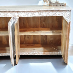 Handmade Carved Indian Mango Wood   4 Doors Sideboard 180x40x90cm Whitewash