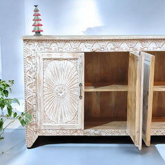 Handmade Carved Indian Mango Wood   4 Doors Sideboard 180x40x90cm Whitewash