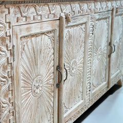 Handmade Carved Indian Mango Wood   4 Doors Sideboard 180x40x90cm Whitewash