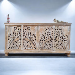 Handmade Carved Indian Mango Wood 4 Doors Sideboard White
