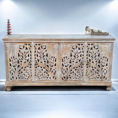 Handmade Carved Indian Mango Wood   4 Doors Sideboard White 180x40x90 cm