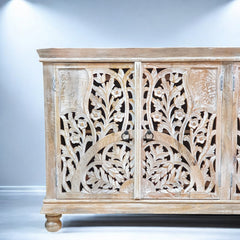 Handmade Carved Indian Mango Wood   4 Doors Sideboard White 180x40x90 cm