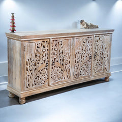Handmade Carved Indian Mango Wood 4 Doors Sideboard White