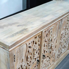 Handmade Carved Indian Mango Wood   4 Doors Sideboard White 180x40x90 cm