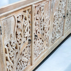 Handmade Carved Indian Mango Wood 4 Doors Sideboard White