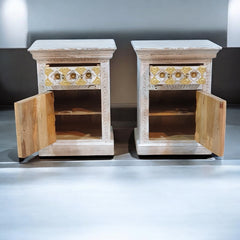 Indian Hand Carved Solid Wooden Bedside Table 48x36x68cm White Brass Worked