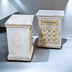 Indian Hand Carved Solid Wooden Bedside Table 48x36x68cm White Brass Worked