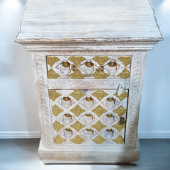 Indian Hand Carved Solid Wooden Bedside Table 48x36x68cm White Brass Worked