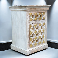 Indian Hand Carved Solid Wooden Bedside Table 48x36x68cm White Brass Worked