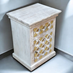 Indian Hand Carved Solid Wooden Bedside Table 48x36x68cm White Brass Worked