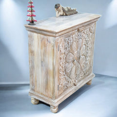 Indian Hand Carved Solid Wooden Cabinet 90x40x90cm Whitewash