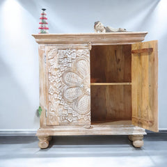 Indian Hand Carved Solid Wooden Cabinet 90x40x90cm Whitewash 02
