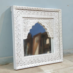 VARSHA Mehrab Indian Hand Carved Mirror Arched Globe Wooden Wall Decor 60x60cm White