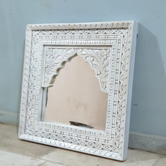 VARSHA Mehrab Indian Hand Carved Mirror Arched Globe Wooden Wall Decor 60x60cm White