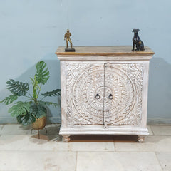 SUSAN Carved Oasis Hand Carved Mango Wood Carved 2 Doors Cabinet With Natural Top