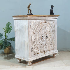 SUSAN Carved Oasis Hand Carved Mango Wood Carved 2 Doors Cabinet With Natural Top