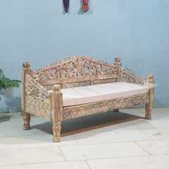 Mughal Garden Hand Carved Balinese Daybed Limewash 150x60x80 cm