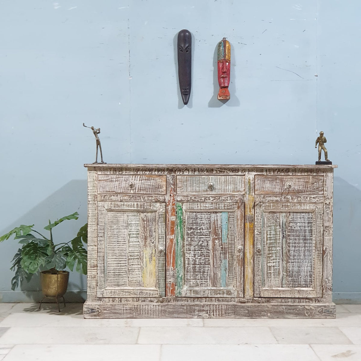 Rustica Reclaimed Wood Boat Timber Sideboard Buffet Whitewash 150X40X92 CM