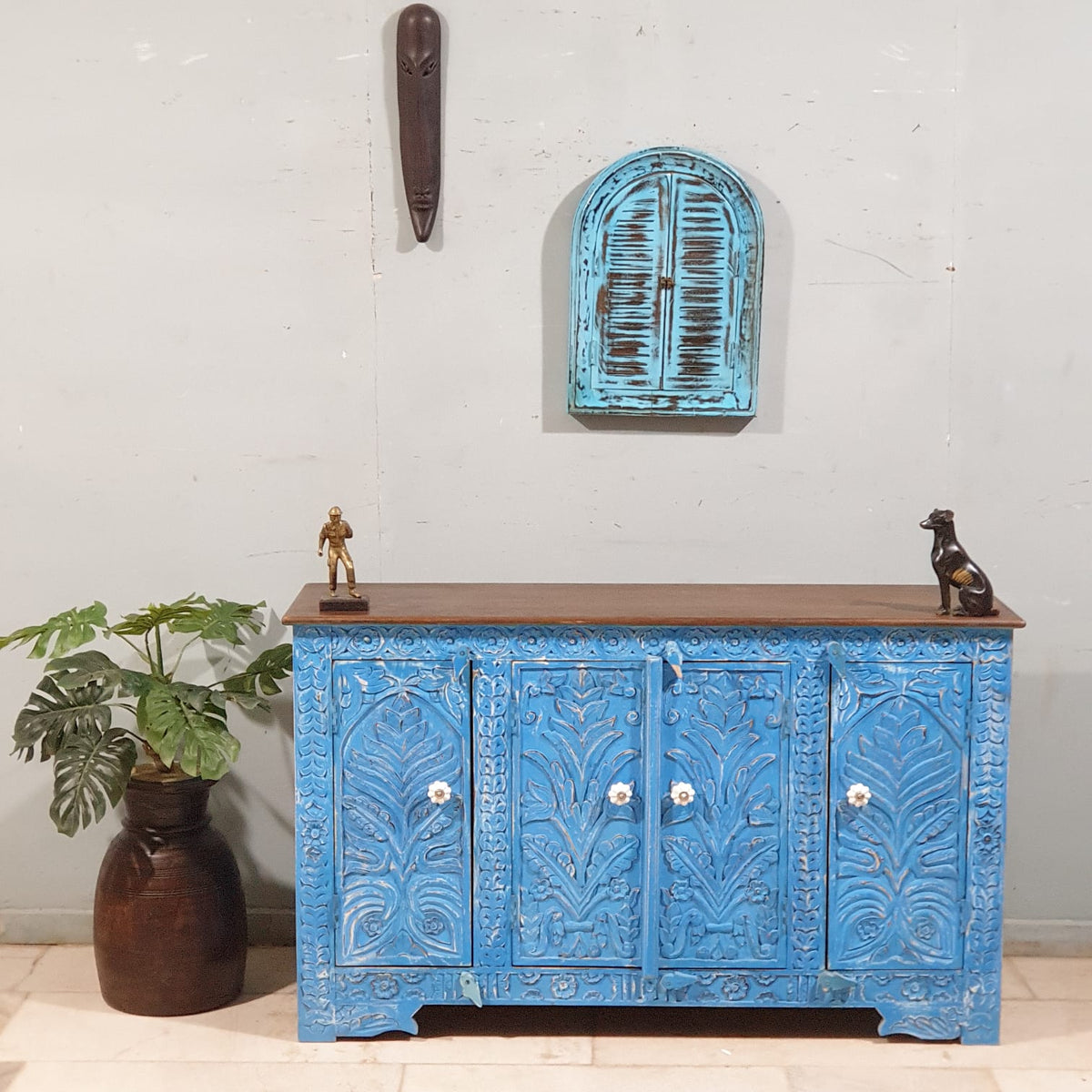 Indian Handmade Carved Solid Wood 4 Door Sideboard 140X40X85Cm Blue