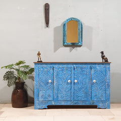 Indian Handmade Carved Solid Wood 4 Door Sideboard 140X40X85Cm Blue