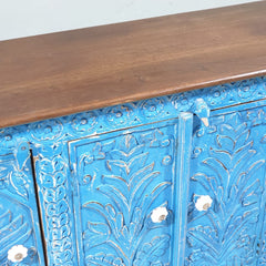 Indian Handmade Carved Solid Wood 4 Door Sideboard 140X40X85Cm Blue