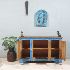 Indian Handmade Carved Solid Wood 4 Door Sideboard 140X40X85Cm Blue