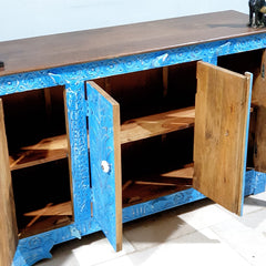 Indian Handmade Carved Solid Wood 4 Door Sideboard 140X40X85Cm Blue