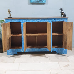 Indian Handmade Carved Solid Wood 4 Door Sideboard 140X40X85Cm Blue