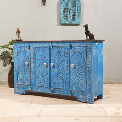 Indian Handmade Carved Solid Wood 4 Door Sideboard 140X40X85Cm Blue