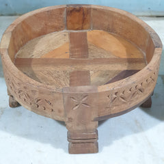 Hand Carved Solid Wood Chakki Grinder Coffee Table 31X31X16 CM Brown