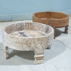 Hand Carved Solid Wood Chakki Grinder Coffee Table 31X31X16 CM Whitewash