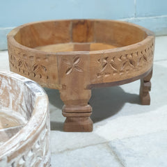 Hand Carved Solid Wood Chakki Grinder Coffee Table 31X31X16 CM Brown