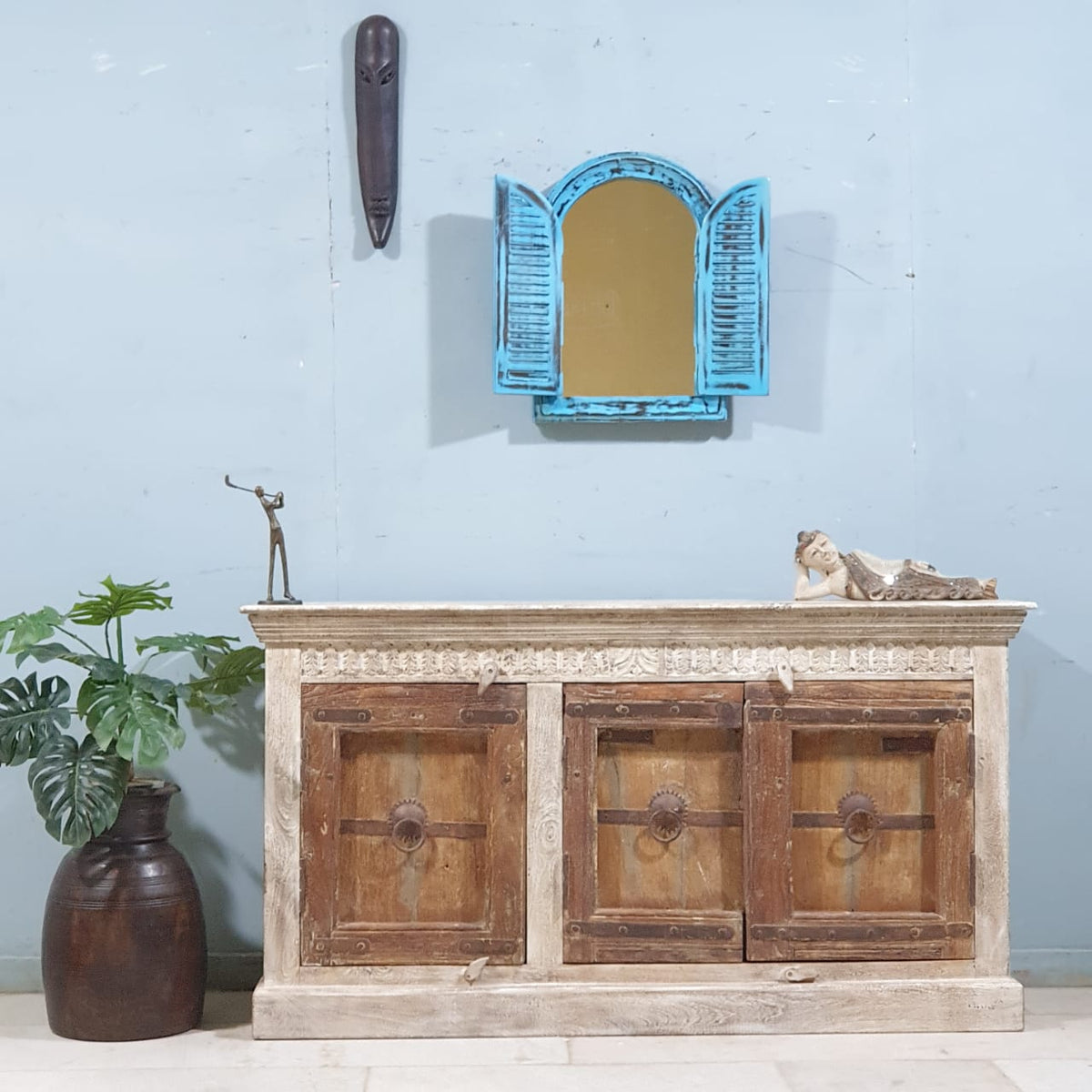 Indian Handmade Carved Solid Wood 3 Door Whitewash Frame With Natural Doors Sideboard 150x40x82Cm