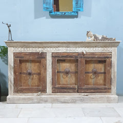 Indian Handmade Carved Solid Wood 3 Door Whitewash Frame With Natural Doors Sideboard 150x40x82Cm