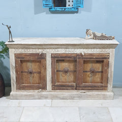 Indian Handmade Carved Solid Wood 3 Door Whitewash Frame With Natural Doors Sideboard 150x40x82Cm